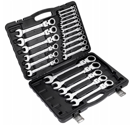 Klucze płasko oczkowe z grzechotką łamane satyna walizka 6-32 mm 22el FALON-TECH