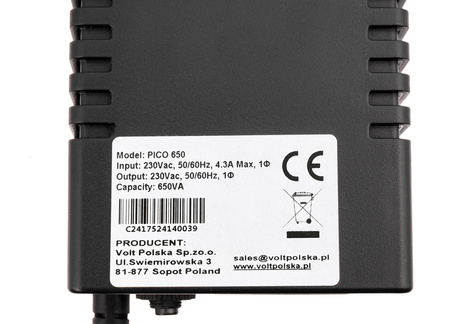 Zasilacz awaryjny UPS 650Va/360W 7Ah aku 230V PICO VOLT POLSKA