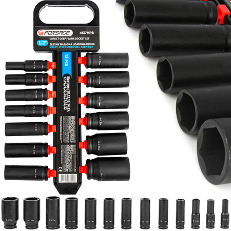 Nasadki udarowe długie klucze nasadowe CRV mocne zestaw 1/2" 10-32 mm 13el FORSAGE