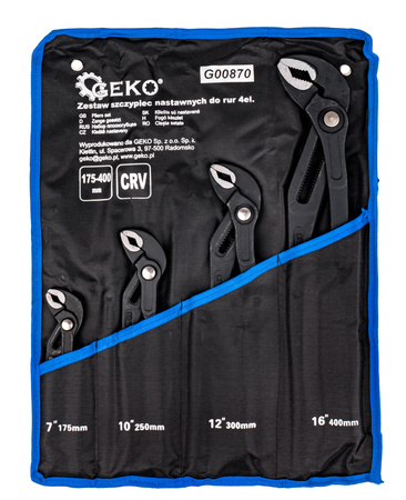 Szczypce nastawne do rur - zestaw 4szt. wraz z płachtą GEKO