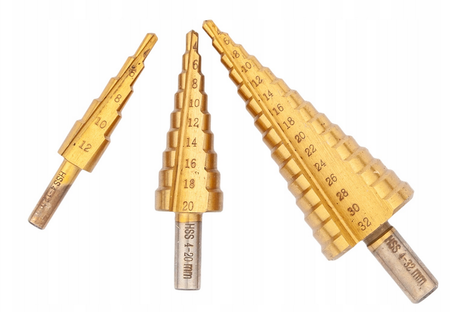 Wiertła stożkowe stopniowe tytanowe 3 sztuki (4-32 mm) SILVER