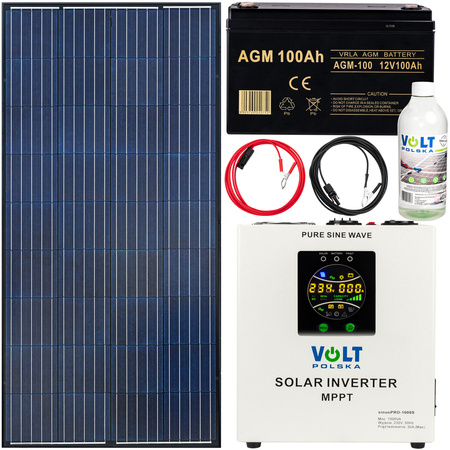 Gotowy zestaw fotowoltaiczny 140w 100Ah (panel solarny, przetwornica 1000s, akumulator, przewody) + płyn VOLT POLSKA