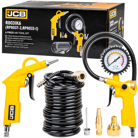 Pistolet do pompowania kół opon zestaw 6 el. z manometrem kompresora JCB