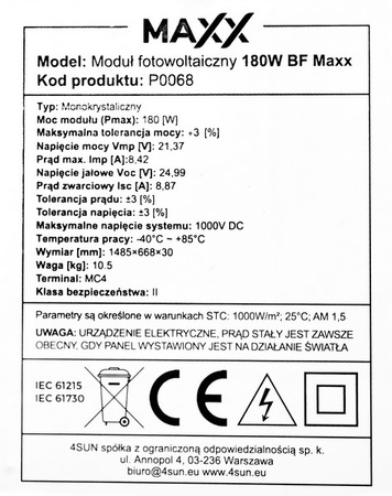 Zestaw solarny bateria słoneczna 180W 65Ah (Panel, Przetwornica 1000S, Akumulator)
