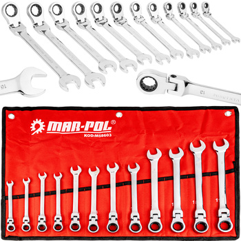 Klucze Płasko Oczkowe z Grzechotką Łamaną 8-19mm 12el. +Płachta MAR-POL