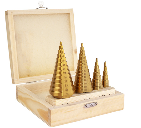 Wiertła stożkowe stopniowe HSS tytanowe 4 sztuki (4-39 mm) FALON-TECH