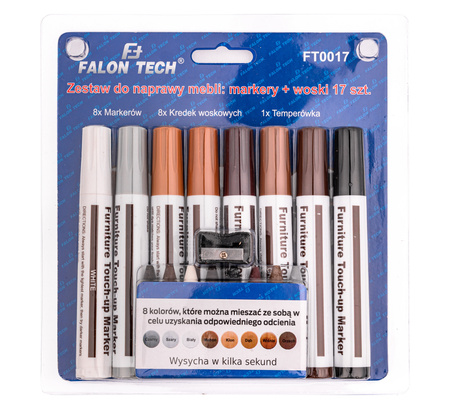 Zestaw naprawczy do drewna (mebli, paneli podłogowych, przedmiotów drewnianych) - markery + wosk - 17el FALON-TECH