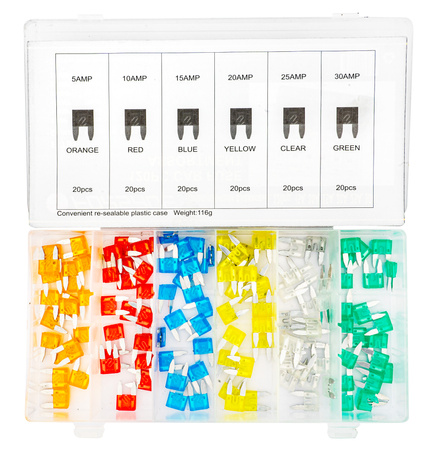 Bezpieczniki samochodowe płytkowe małe szczypce zestaw mini 5-30A 120szt FORSAGE
