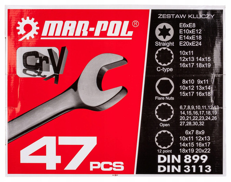 Klucze płasko oczkowe torx wygięte typ C półotwarte 47 sztuk (płachta)