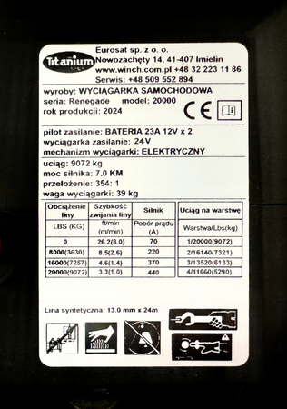 Wyciągarka wciagarka 20000lbs RENEGADE do lawety LBS 9T 24v lina syntetyczna szybka TITANIUM WINCH