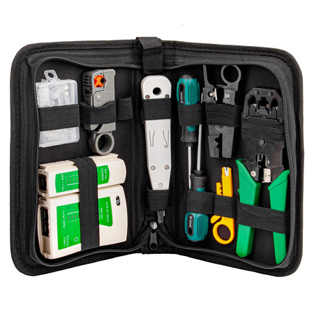 Zestaw narzędzia sieciowe RJ45 tester kabli ściągacz wtyk zaciskarka 19el GEKO