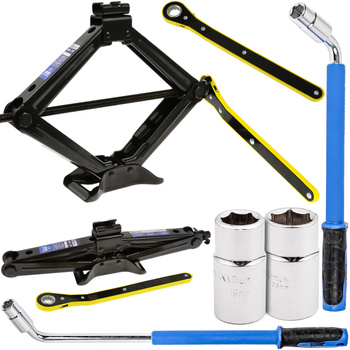 Zestaw podnośnik lewarek trapezowy klucz teleskopowy do wymiany kół nasadki