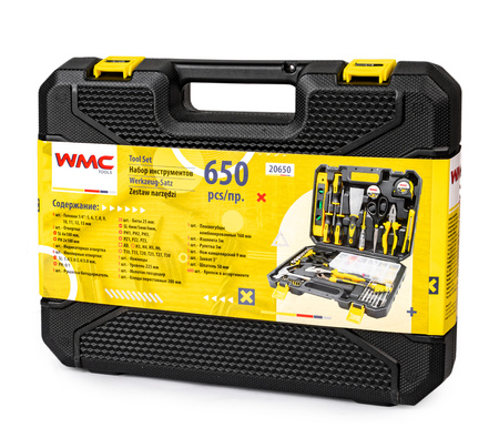 Zestaw narzędziowy klucze nasadowe wkrętaki bity nasadki walizka 650 elem. WMC