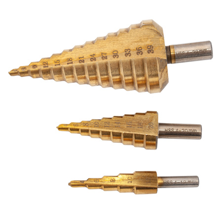 Wiertła stożkowe stopniowe HSS tytanowe 3 sztuki (4-39 mm) FALON-TECH
