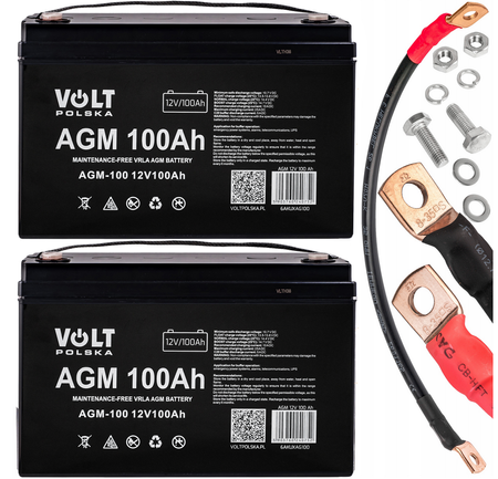 Akumulatory AGM 12V 100Ah zestaw 2 sztuk + przewód łączeniowy 35 cm VOLT POLSKA