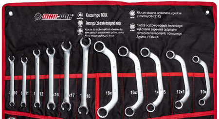 Klucze płasko oczkowe torx wygięte typ C półotwarte 47 sztuk (płachta)