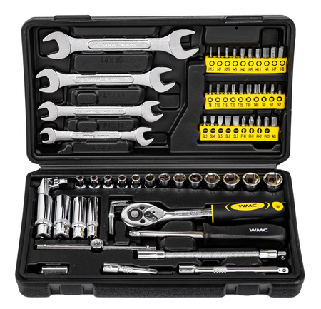 Zestaw narzędziowy klucze nasadowe wkrętaki 1/4" 62el WMC