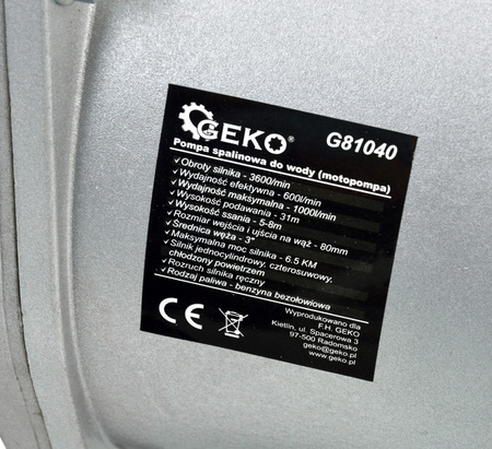 Pompa spalinowa do wody 6,5KM 1000L/min 3" Motopompa GEKO