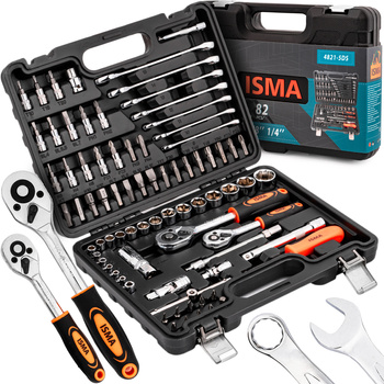 Zestaw narzędziowy klucze płaskooczkowe nasadowe wkrętaki bity 1/4" 3/8" 82el ISMA