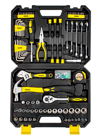 Zestaw narzędziowy klucze nasadowe wkrętaki bity młotek 128 el. WMC