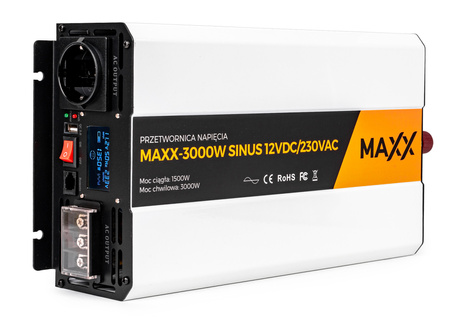 Przetwornica prądu napięcia czysty sinus 12v 230v 1500/3000w MAXX 4SUN