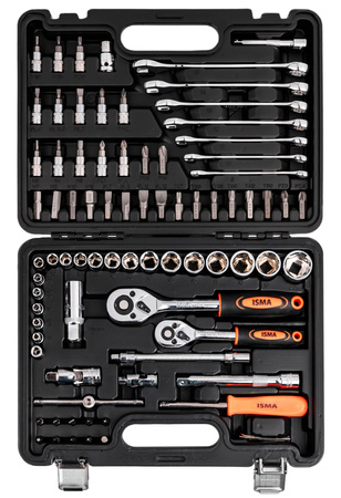 Zestaw narzędziowy klucze płaskooczkowe nasadowe wkrętaki bity 1/4" 3/8" 82el ISMA