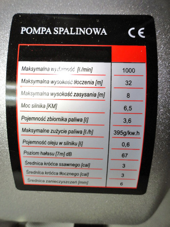 Pompa spalinowa motopompa do wody 3" (6.5 KM) 1000 l/min MAR-POL