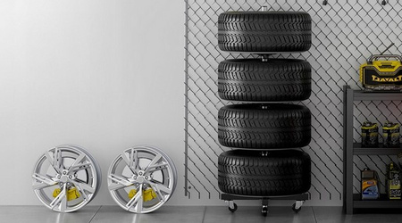 Stojak na opony koła felgi regał pionowy z kółkami na 4 opony do garażu SILVER