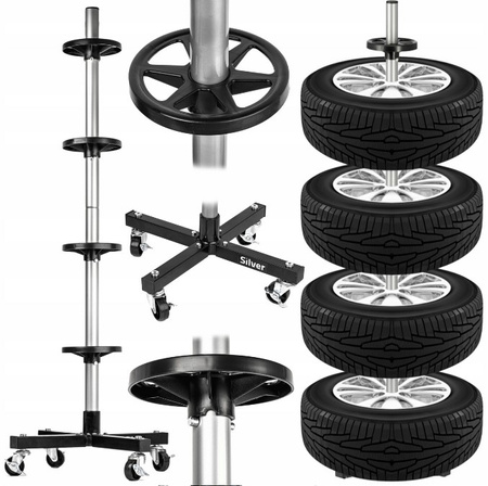 Stojak na opony koła felgi regał pionowy z kółkami na 4 opony do garażu SILVER