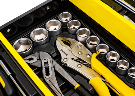 Skrzynka narzędziowa metalowa + zestaw kluczy narzędzi 87el. WMC