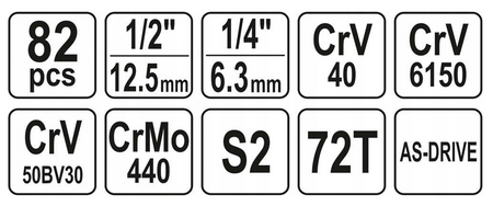 Klucze nasadowe 1/4 1/2 płaskie 82el YATO