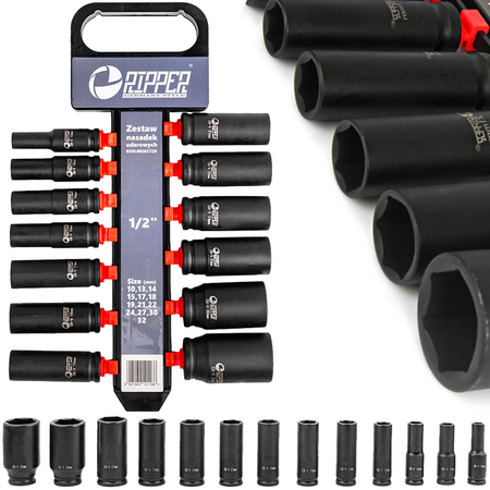 Nasadki udarowe klucze nasadowe długie 1/2" zestaw nasadek 10-32 mm 13el MAR-POL