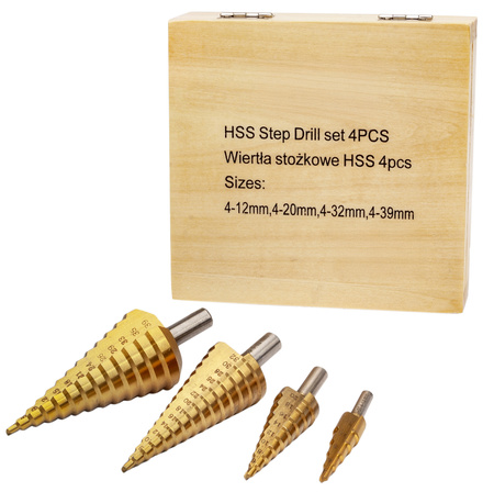 Wiertła stożkowe stopniowe HSS tytanowe 4 sztuki (4-39 mm) SILVER