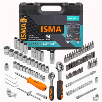Zestaw narzędziowy klucze nasadowe wkrętaki grzechotki bity 1/4" 3/8" 94el ISMA