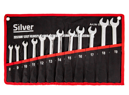 Klucze Płasko Oczkowe z Grzechotką Łamaną 8-19mm 12el. +Płachta SILVER