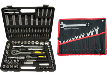 Zestaw Klucze Nasadowe 108el + Płasko-oczkowe 12el płachta