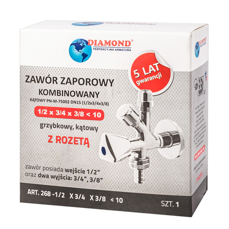 Zawór zaporowy kątowy grzybkowy kombi 1/2x3/4 do pralki zmywarki DIAMOND