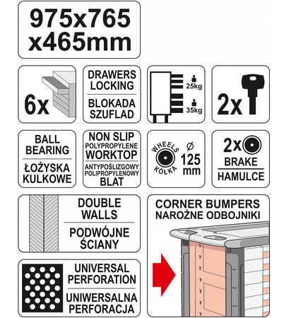 Szafka serwisowa wózek narzędziowy 6 szuflad skrętne koła YT-55299 YATO