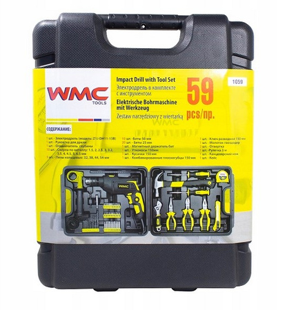 Zestaw narzędziowy warsztatowy wiertarka młotek wkrętaki bity szczypce 59el WMC