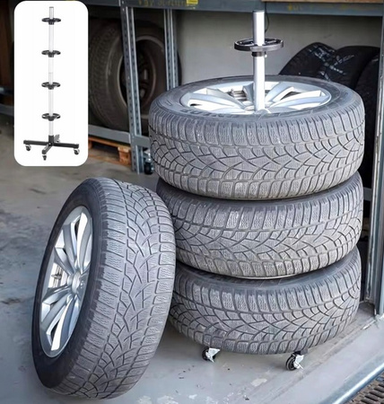 Stojak na opony koła felgi regał pionowy z kółkami na 4 opony do garażu SILVER