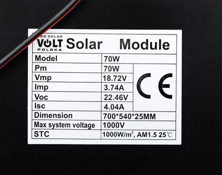 Zestaw solarny fotowoltaiczny 70W 12V BLACK (Panel solarny 70W, Regulator napięcia 10A) VOLT POLSKA