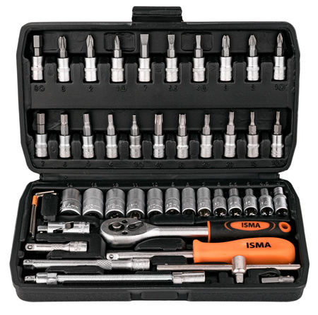 Zestaw kluczy nasadowych 1/4" 46 elementów TORX HEX PZ PH w walizce ISMA