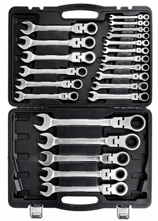 Klucze płasko oczkowe z grzechotką łamane satyna walizka 6-32 mm 22el FALON-TECH