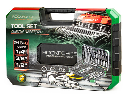 Zestaw narzędziowy warsztatowy klucze nasadowe nasadki płaskie torx 216 + 6el ROCKFORCE