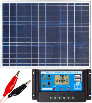 Zestaw solarny fotowoltaiczny 50W 12V (Panel solarny 50W, Regulator napięcia 10A) VOLT POLSKA