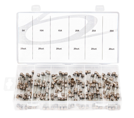 Bezpieczniki Samochodowe Szklane Zestaw 120 szt. 5A-30A GEKO