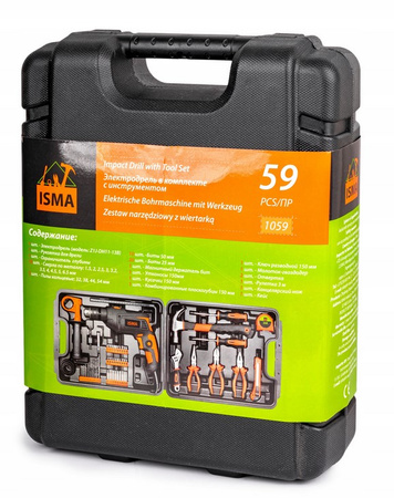 Zestaw narzędziowy warsztatowy wiertarka młotek wkrętaki bity szczypce 59szt ISMA