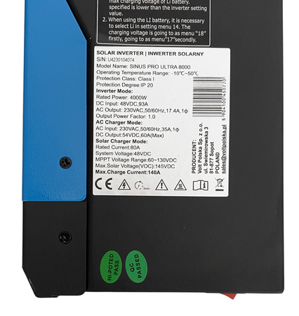 Inwerter solarny sinuspro ultra 80A MPPT (48V/230V/8000W) VOLT POLSKA