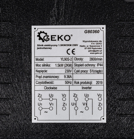Silnik elektryczny 230V 1,5kW / 2 km 1-fazowy jednofazowy GEKO
