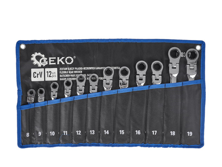 Klucze płasko oczkowe z grzechotką łamane zestaw 8-19mm 12EL GEKO